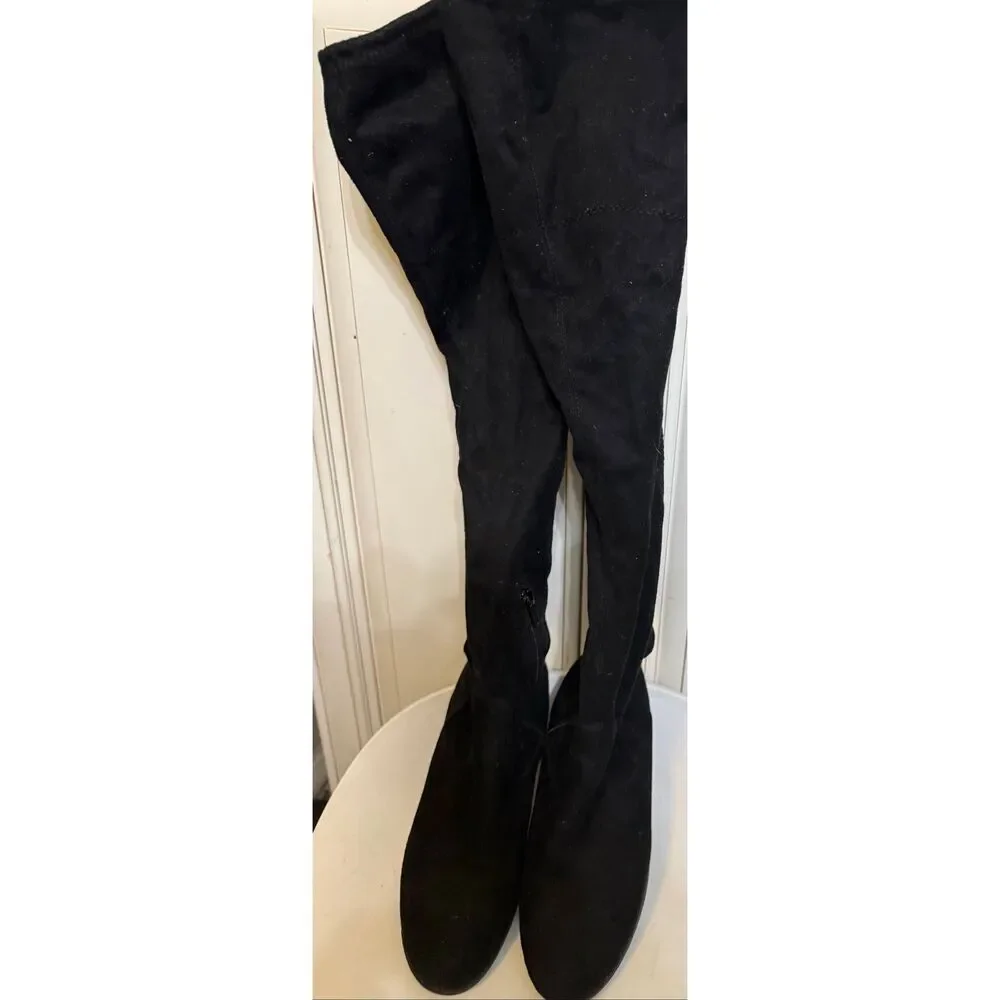 Unisa Women's Faux Suede Tie Back Flat Heel Over the Knee Boots Black Size 7.5